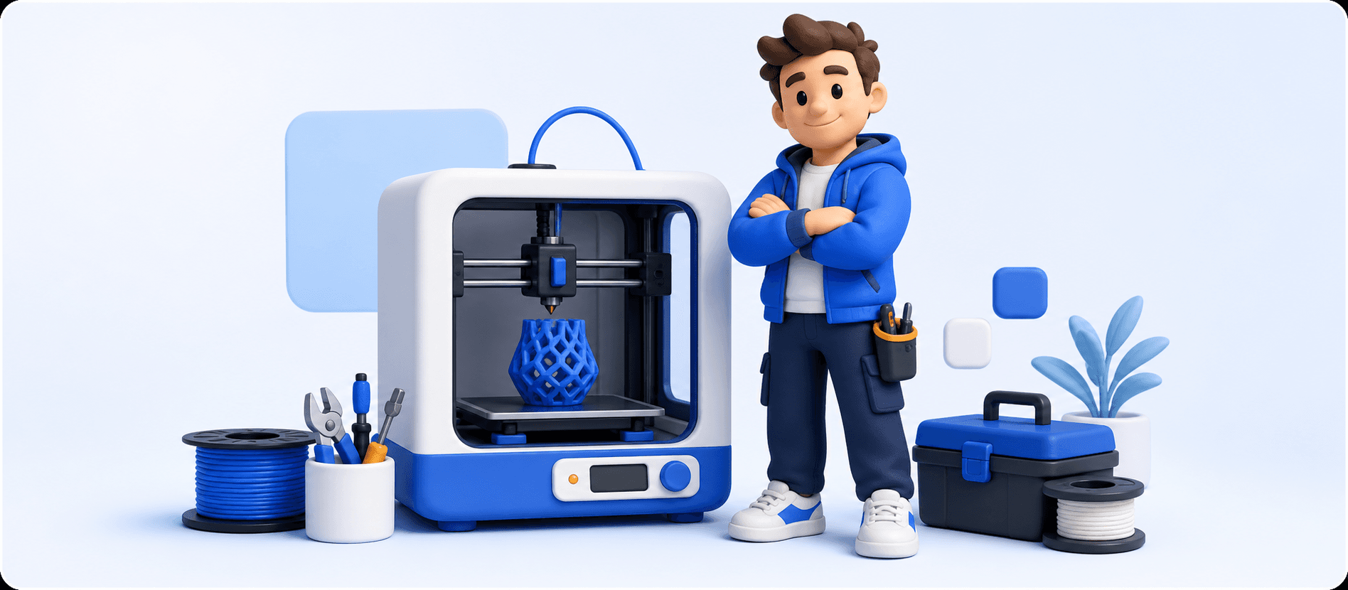 3D-ілюстрація виконавця поруч із 3D-принтером та інструментами