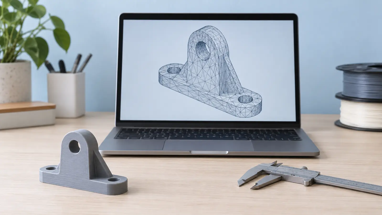 Ноутбук з каркасною 3D-моделлю, пластикова деталь, штангенциркуль і котушки філаменту на столі